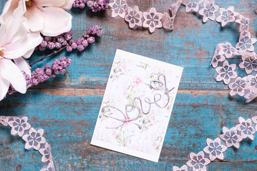 Grußkarte Draht Love Silber Rosen Weiß