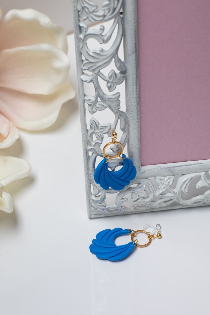 Ohrclip Hänger Fächercreole Blau Gold