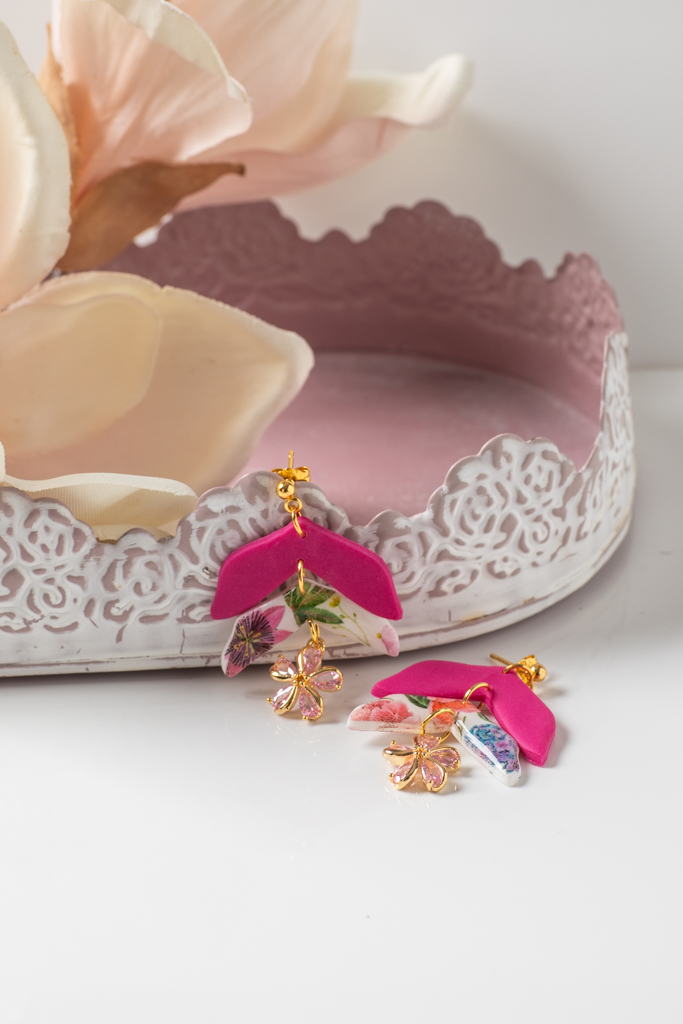 Ohrhänger Zweifachfächer Gold Blume Pink