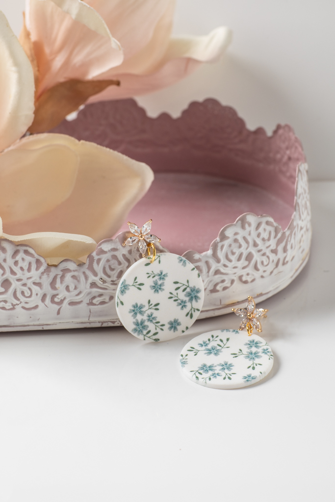 Ohrhänger Kreis Floral Weiß Blau Groß