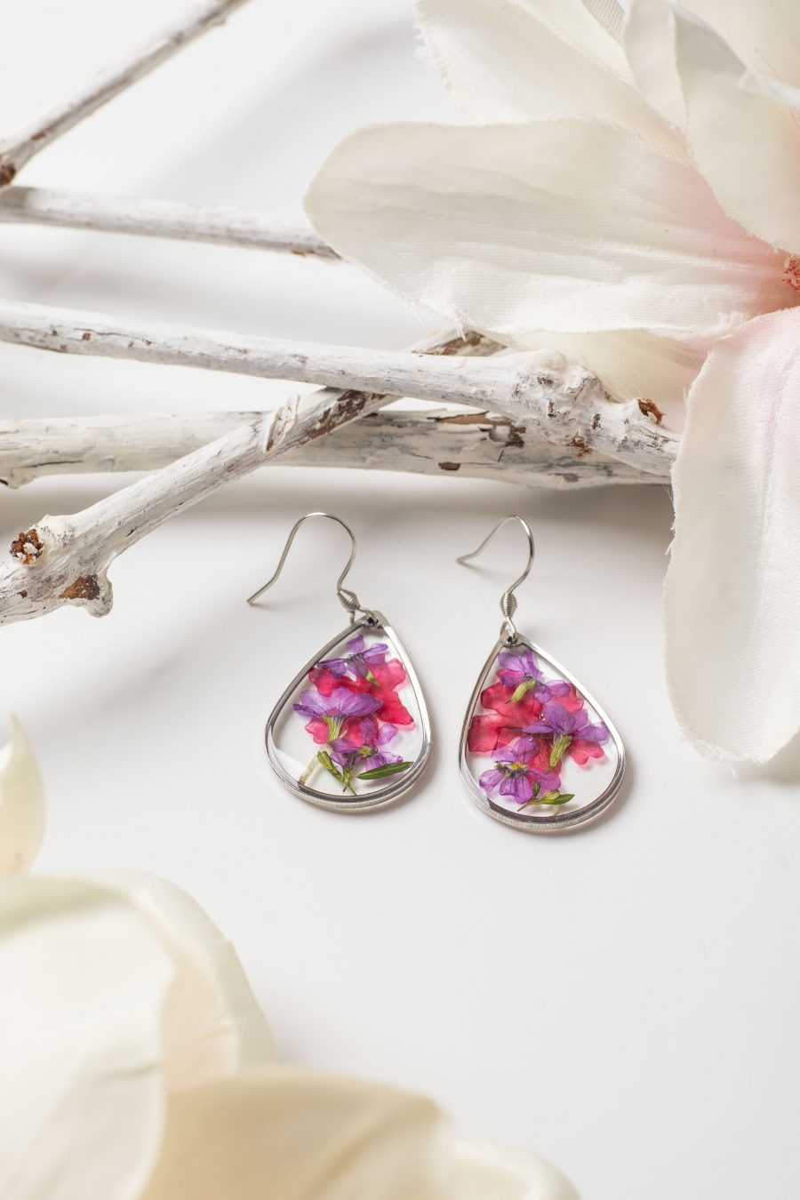 Ohrhänger Resin Tropfen Silber Flammenblume Schleiermyrte