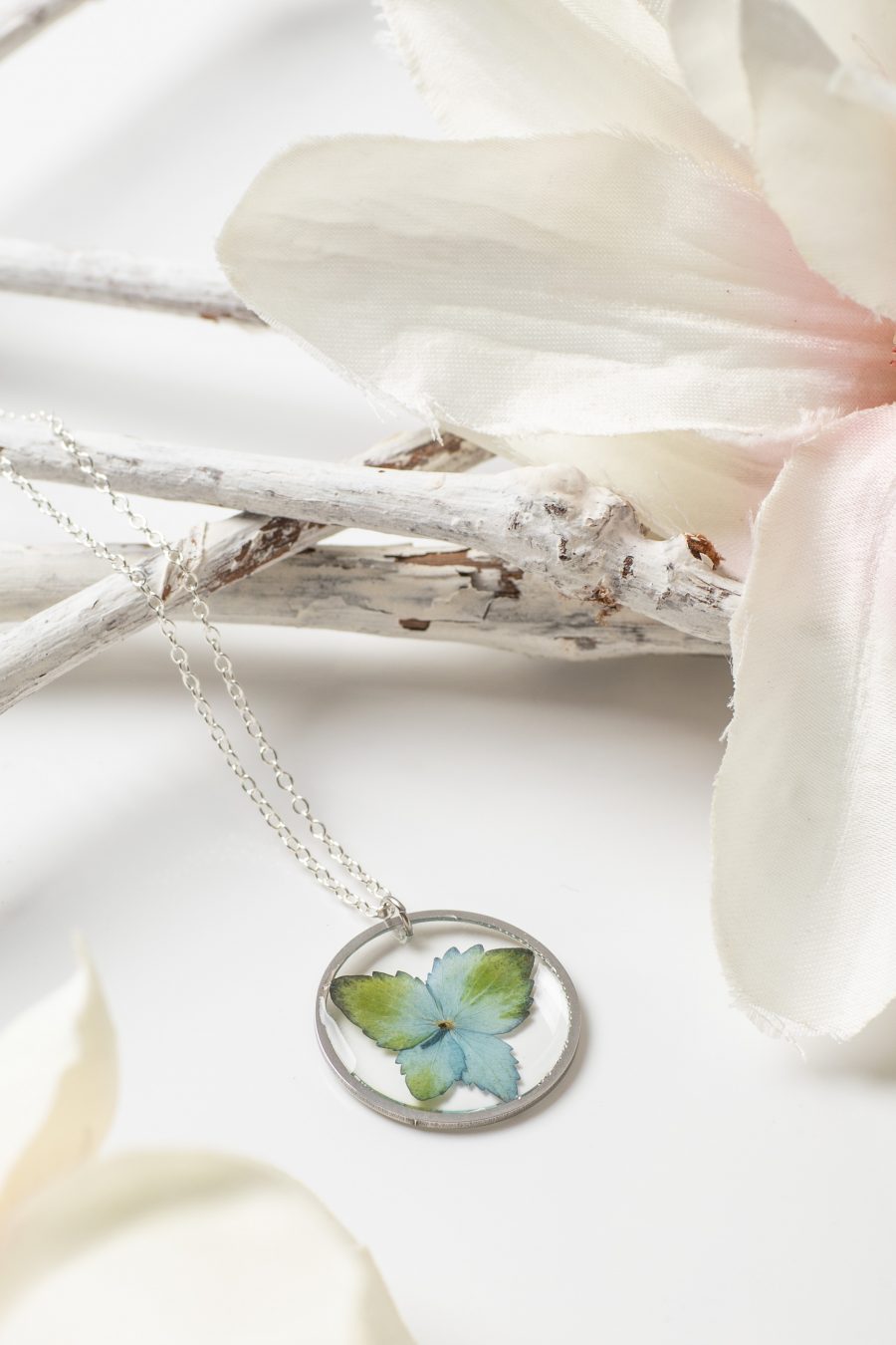 Anhänger Resin Hortensie Silber Rund Grünblau