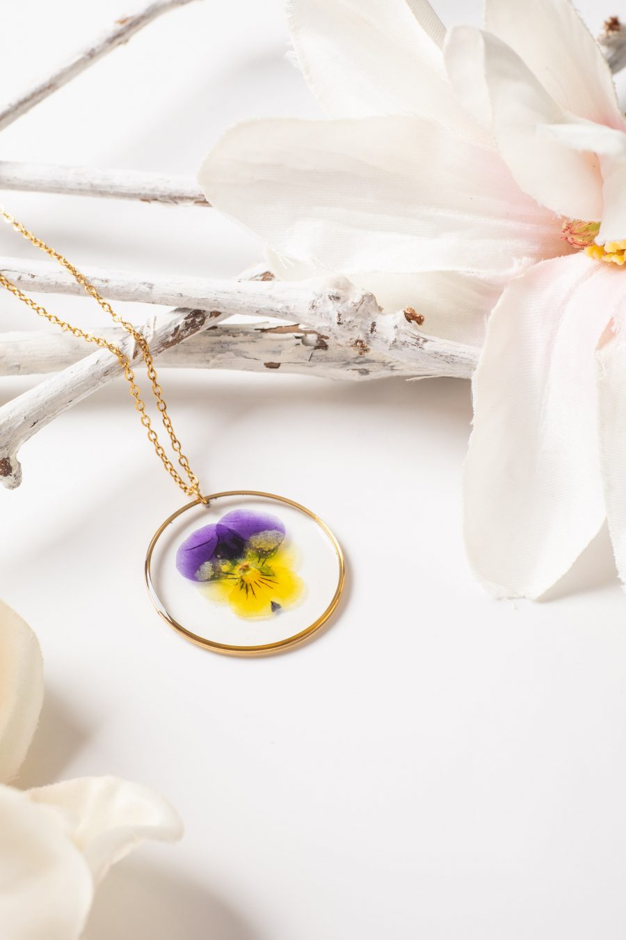 Anhänger Resin Veillchen Gold Rund Lila Gelb