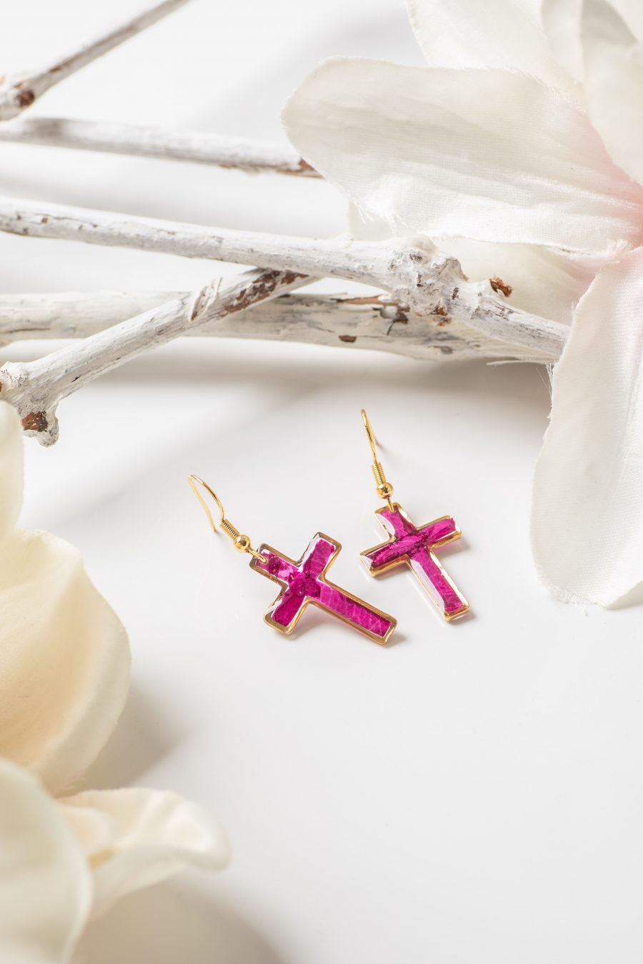 Ohrhänger Kreuz Rose Pink Groß Gold