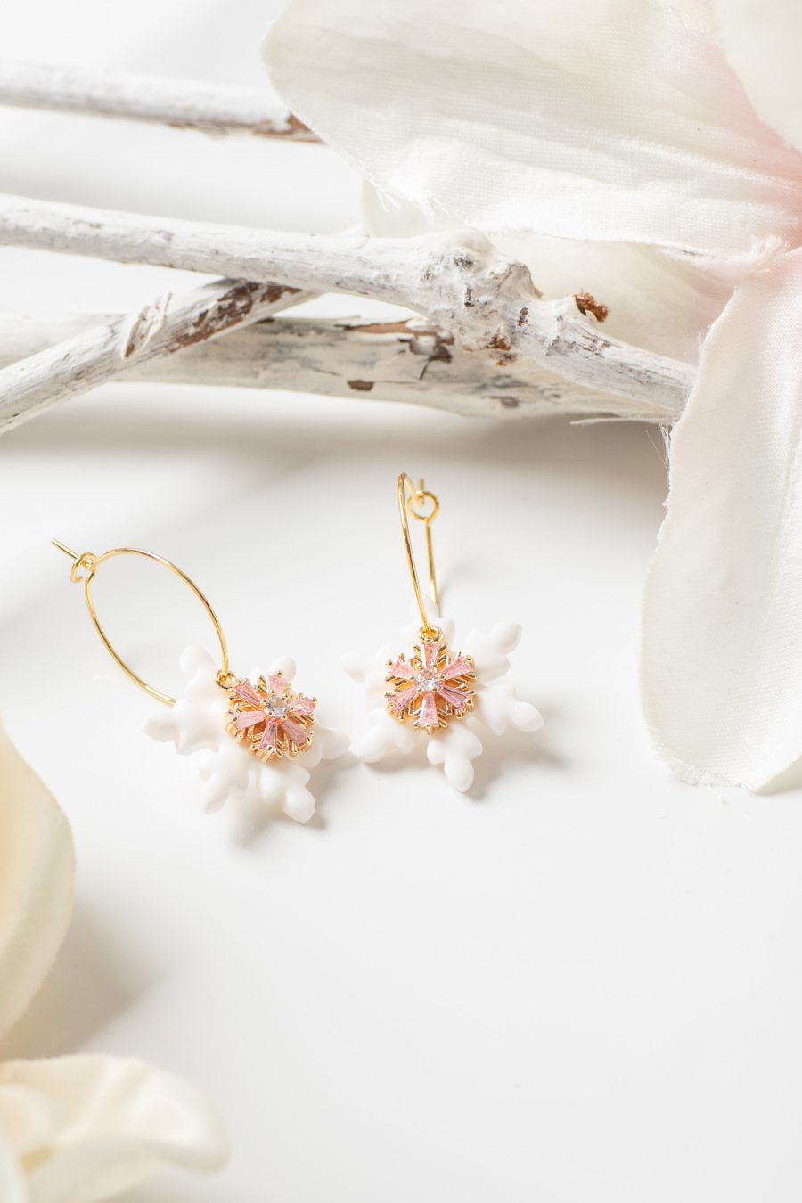 Ohrhänger Schneeflocke Weiß rosa Glitzer