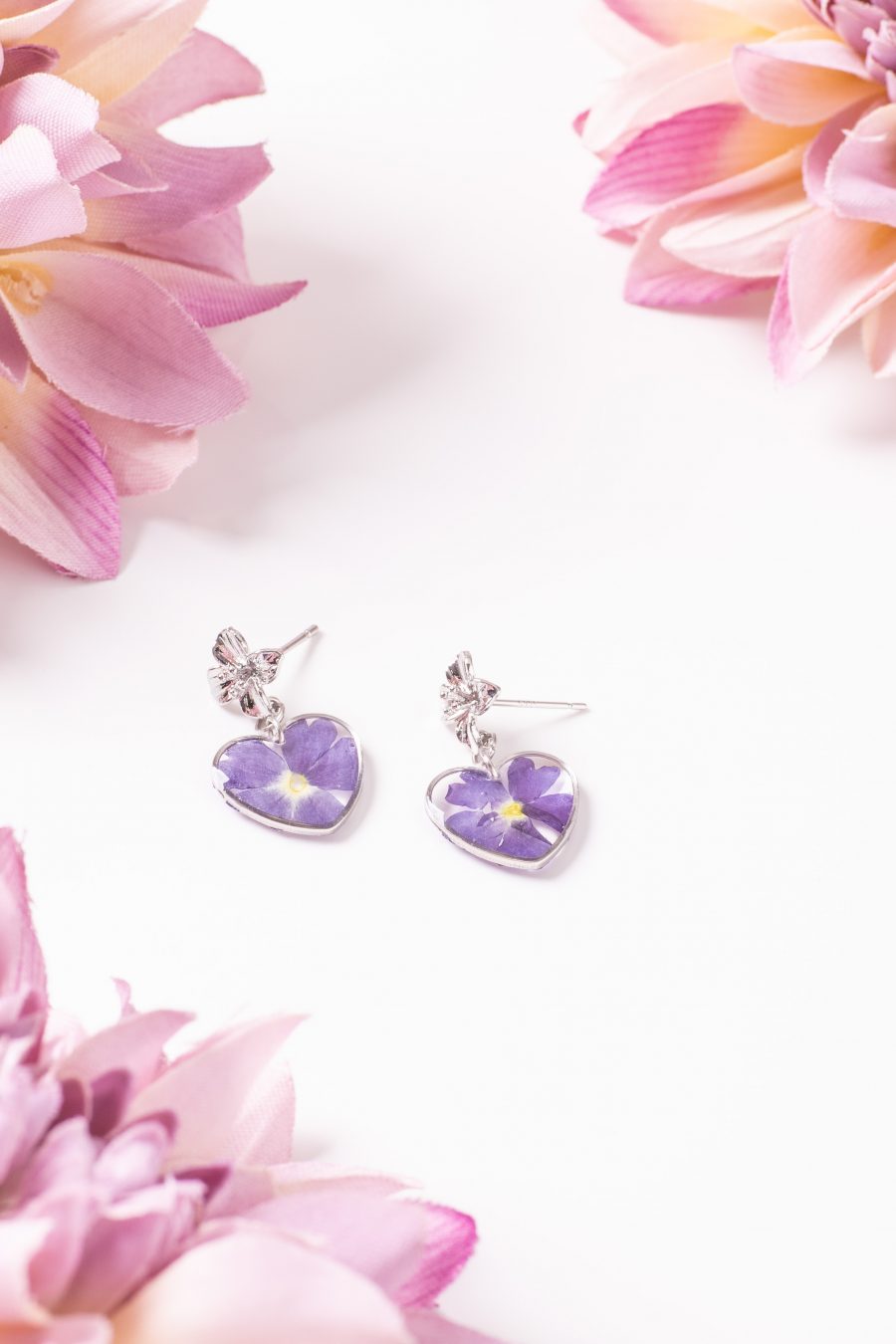 Ohrhänger Resin Herz Silber Flammenblume blau