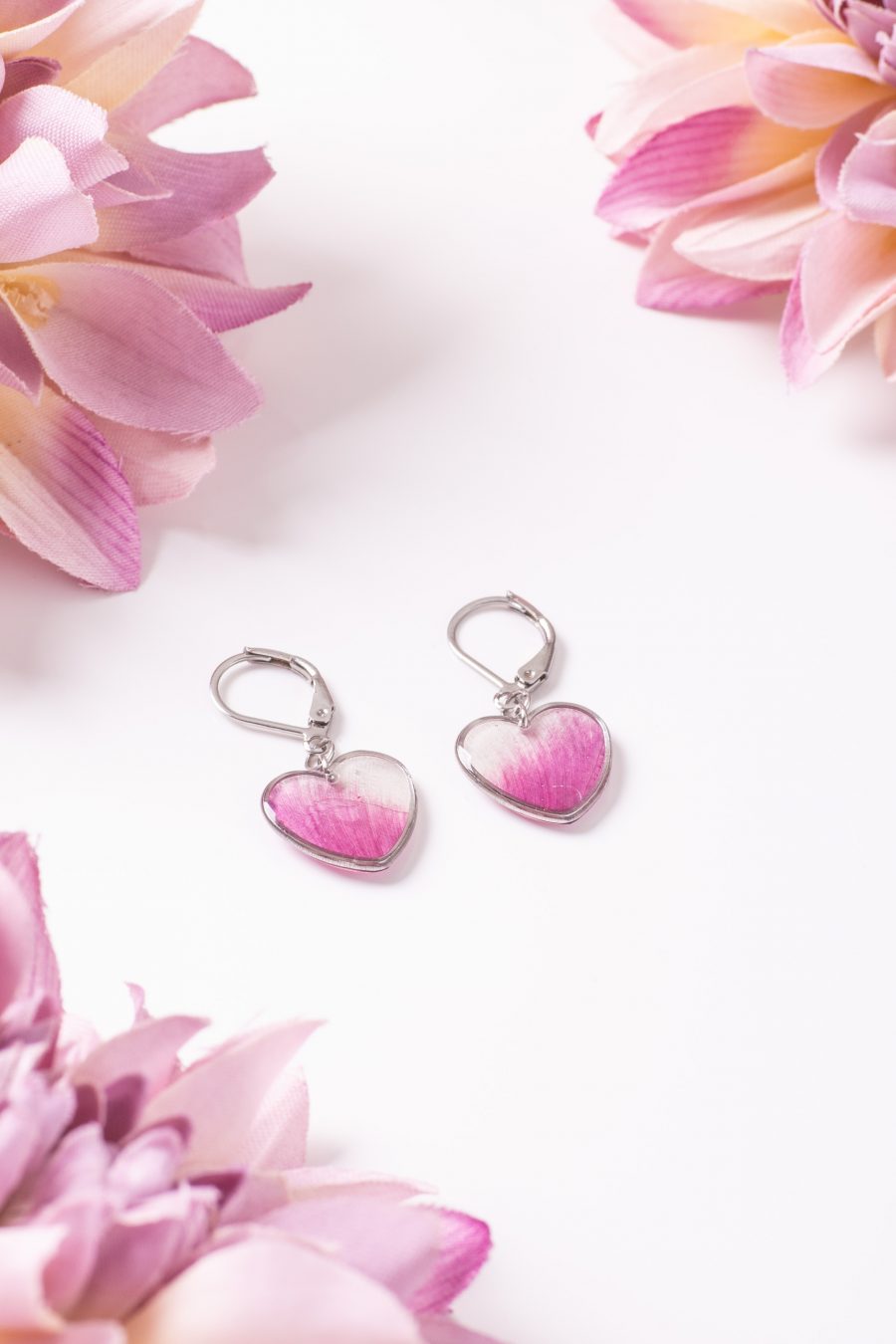 Ohrhänger Resin Herz Silber Tulpe Lila Weiß