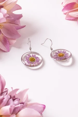 Ohrhänger Resin Rund Groß Silber Chrysantheme lila